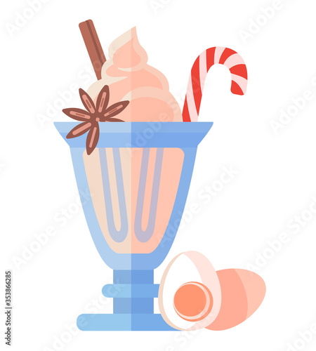 Christmas drink eggnog or milkshake with cinnamon, candy, ice cream or cream.  Traditional sugary drink for holiday. Vector illustration in cartoon style isolated on white background. 