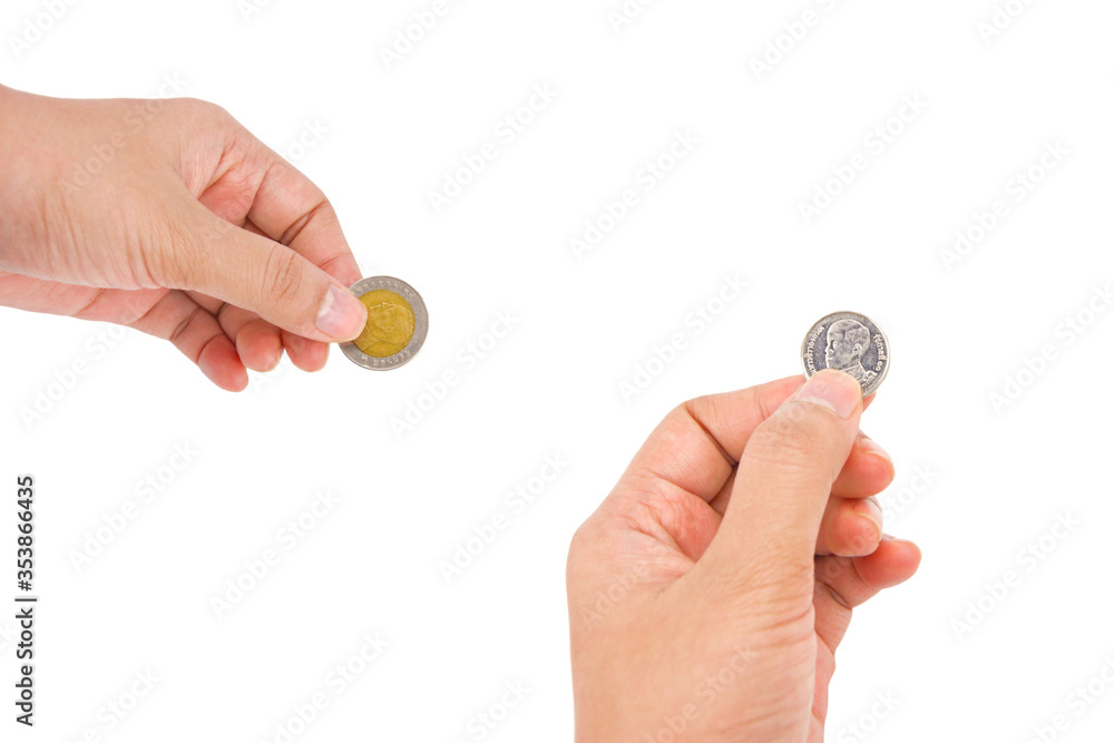 Thai baht coins (ten baht,one baht) in hands Isolated on white background, saving money concept, banking or donation, Thai currency Thai baht coins (ten baht,one baht) in hands Isolated on white background, saving money concept, banking or donation, Thai currency