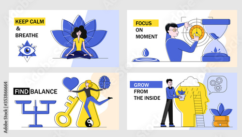 People practicing mindfulness and maintain balance. Concept of mindfulness, awareness, relaxation, focusing, self-development, releasing stress. Meditation, controlling mind. Vector illustration