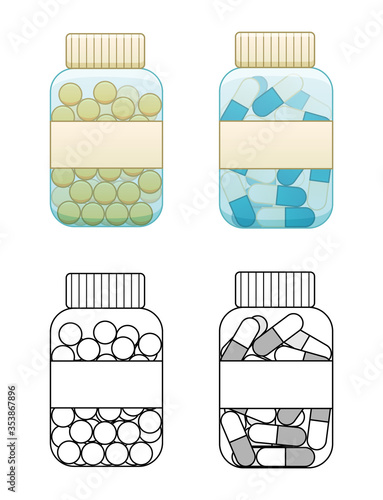Flat and outline style bottles with capsule pills and fish oil tablets isolated illustration on white background