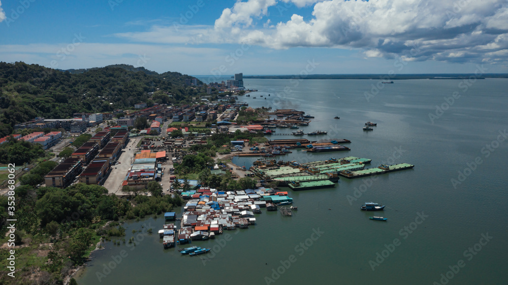 An aerial panorama view of Sandakan Town at Sabah. Sandakan is a city in the Malaysian state of Sabah, on the northeast coast of Borneo. 