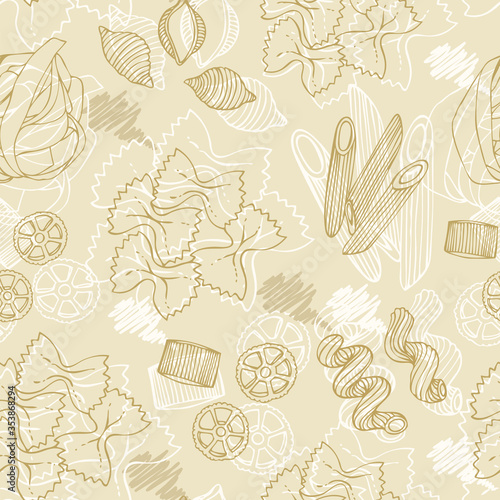 Pasta shapes vector seamless pattern, hand drawn italian pasta illustration isolated on white background