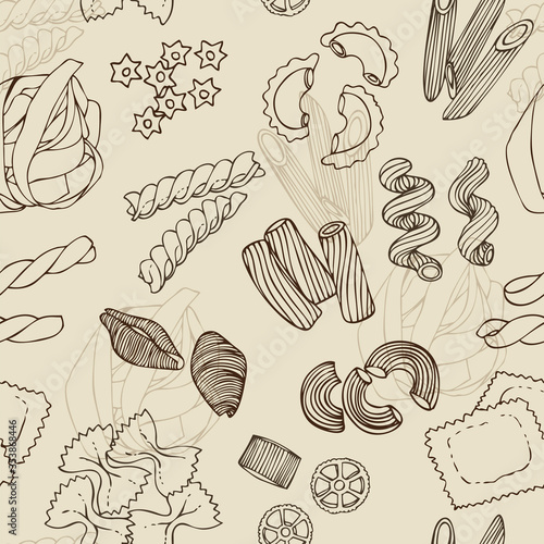 Pasta shapes vector seamless pattern, hand drawn italian pasta illustration isolated on white background