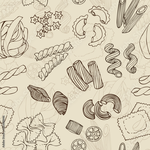 Pasta shapes vector seamless pattern, hand drawn italian pasta illustration isolated on white background