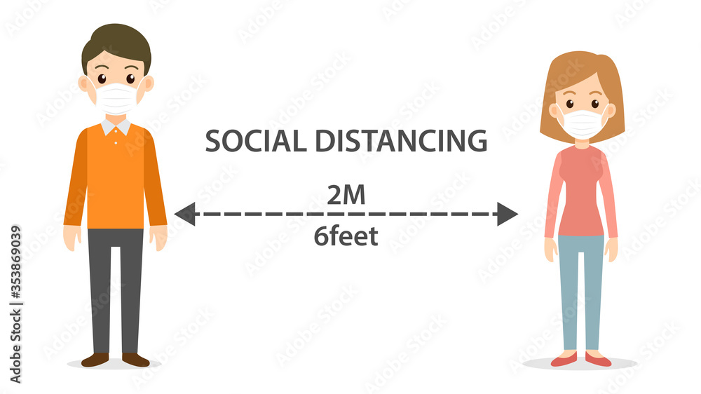 Social distancing black man and woman character wearing medical mask maintain to prevent from virus Social distancing black man and woman character wearing medical mask maintain to prevent from virus
