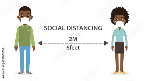 Social distancing man and woman character wearing medical mask  maintain to prevent from virus