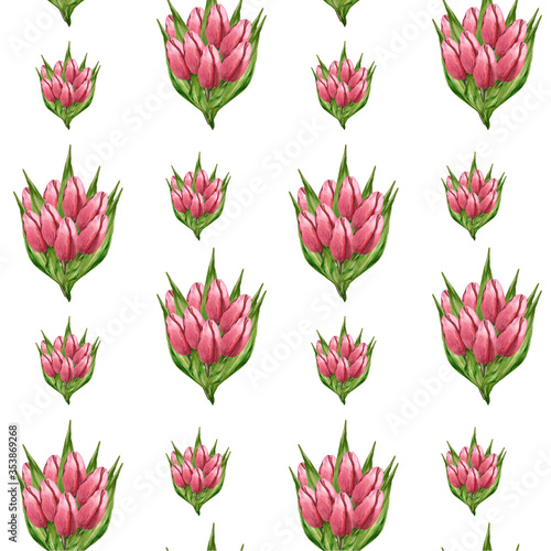 Bouquets of pink tulips on a white background. Seamless pattern, hand illustration for fabric design.