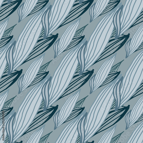 Abstract blue leaves shape seamless pattern. Line art leaf endless ornament. Botanical wallpaper. © smth.design