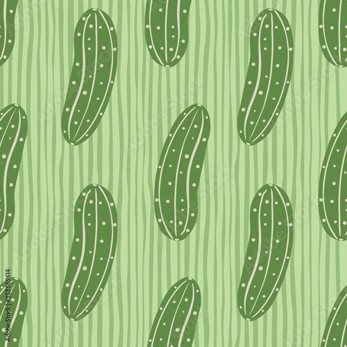 Green cucumber seamless pattern on stripes background. Cucumbers vegetable endless wallpaper.