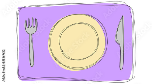 Dinner plate, knife and fork