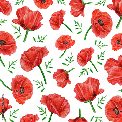 Watercolor pattern with wild red poppies on a white background. Surface design for interior decoration, textile printing, prints, packaging, cover and more.