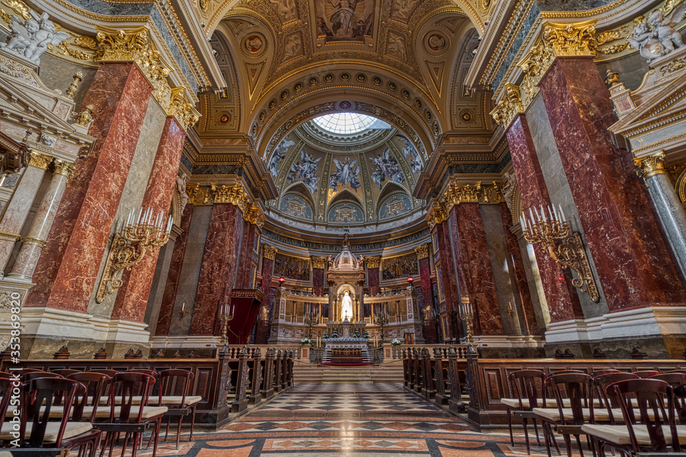 Budapest, Hungary - Feb 8, 2020: Luxary sanctuary  nave hall in St. Stephen's Basilica