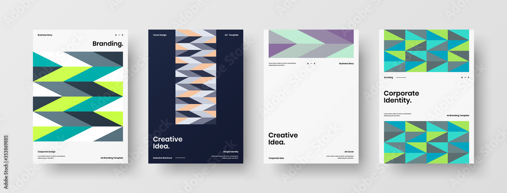 Company identity brochure template collection. Business presentation vector A4 vertical orientation front page mock up set. Corporate report cover abstract geometric illustration design layout bundle.