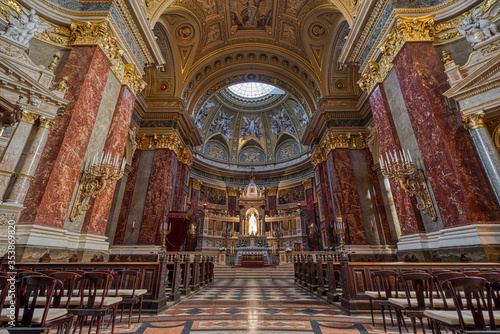 Budapest, Hungary - Feb 8, 2020: Luxary sanctuary nave hall in St. Stephen's Basilica