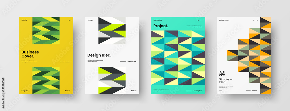 Company identity brochure template collection. Business presentation vector A4 vertical orientation front page mock up set. Corporate report cover abstract geometric illustration design layout bundle.