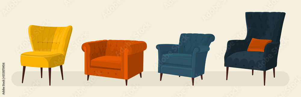 Scandinavian style set vector elements. Isolated different types of armchairs for the living room in modern style. Flat colorful illustration. - obrazy, fototapety, plakaty 