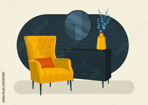 Scandinavian style interior flat vector colorful illustration fragment. Yellow chair, chest of drawers with a mirror in retro Modern style. Vase with sprigs of plants.