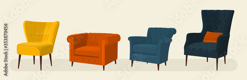 Scandinavian style set vector elements. Isolated different types of armchairs for the living room in modern style. Flat colorful illustration.
