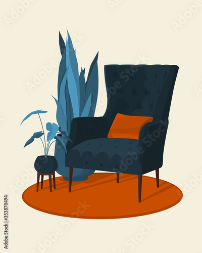 Scandinavian style interior vector illustration fragment. Modern armchair surrounded by home plants. Cosiness and comfort.