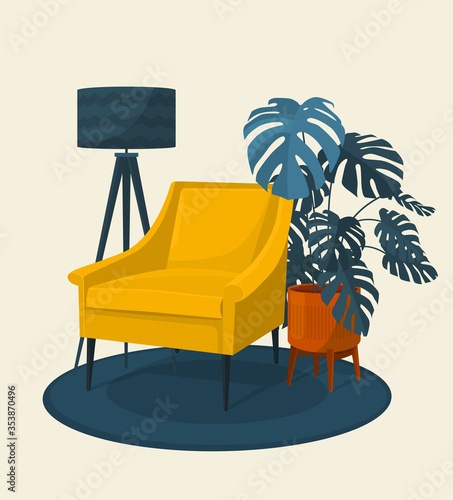 Scandinavian style interior vector illustration fragment. Modern armchair surrounded by home plant. Monstera plant. Cosiness and comfort.