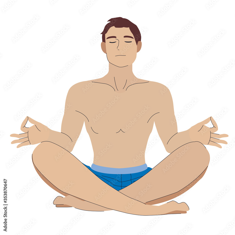 Modern flat illustration in cartoon style with young male character sitting cross legged, meditaing and relaxing. Harmony, breathing and yoga design concept for poster or banner. Modern flat illustration in cartoon style with young male character sitting cross legged, meditaing and relaxing. Harmony, breathing and yoga design concept for poster or banner.