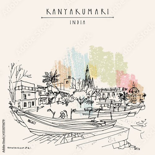 Kanyakumari, Tamil Nadu, South India. The southernmost point of India. Cityscape with fishing boats and a church. Vintage hand drawn touristic postcard.