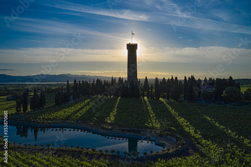 Tower of San Martino della Battaglia Italy. Sunrise Lake Garda. Vineyard plantation at high altitude