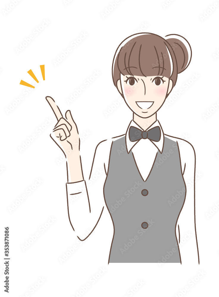笑顔で指をさす正面向きの女性 笑顔で指をさす正面向きの女性