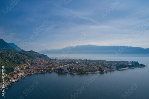 Morning panoramic aerial view of Toscolano Maderno, Lake Garda, Italy
