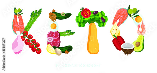 Made up of foods the word KETO. KETO word inscription consisting of diet vegetables and products of ketogenic diet. Concept set of healthy food. Vector illustration for a banner and other promo
