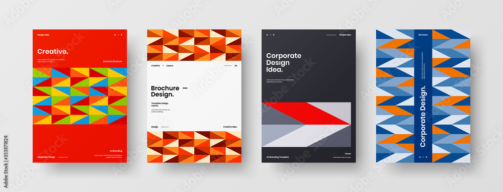 Company identity brochure template collection. Business presentation vector A4 vertical orientation front page mock up set. Corporate report cover abstract geometric illustration design layout bundle.