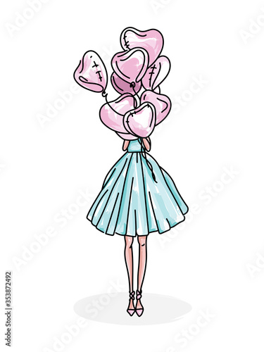 Sweet girl with pink balloon in the shape of a heart. Stylish young woman in azure dress. Drawing, design, sketch for postcard, notepad, card. Hand drawn woman in fashion clothes. Happy Birthday.