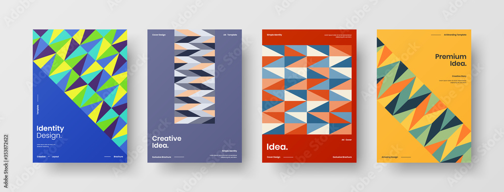 Company identity brochure template collection. Business presentation vector A4 vertical orientation front page mock up set. Corporate report cover abstract geometric illustration design layout bundle.