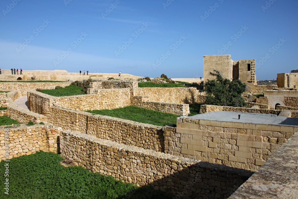 The preserved dry stone walls in the citadel in Victoria, Gozo in Malta