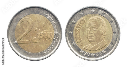 2 Euro coin of the Spain with a portrait of king Juan Carlos 1 isolated on a white background. Obverse and reverse