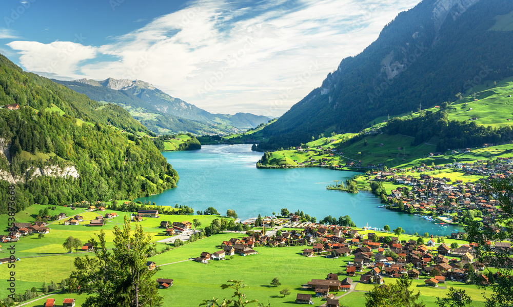 Aerial view on Lungernsee lake, Switzerland, Europe