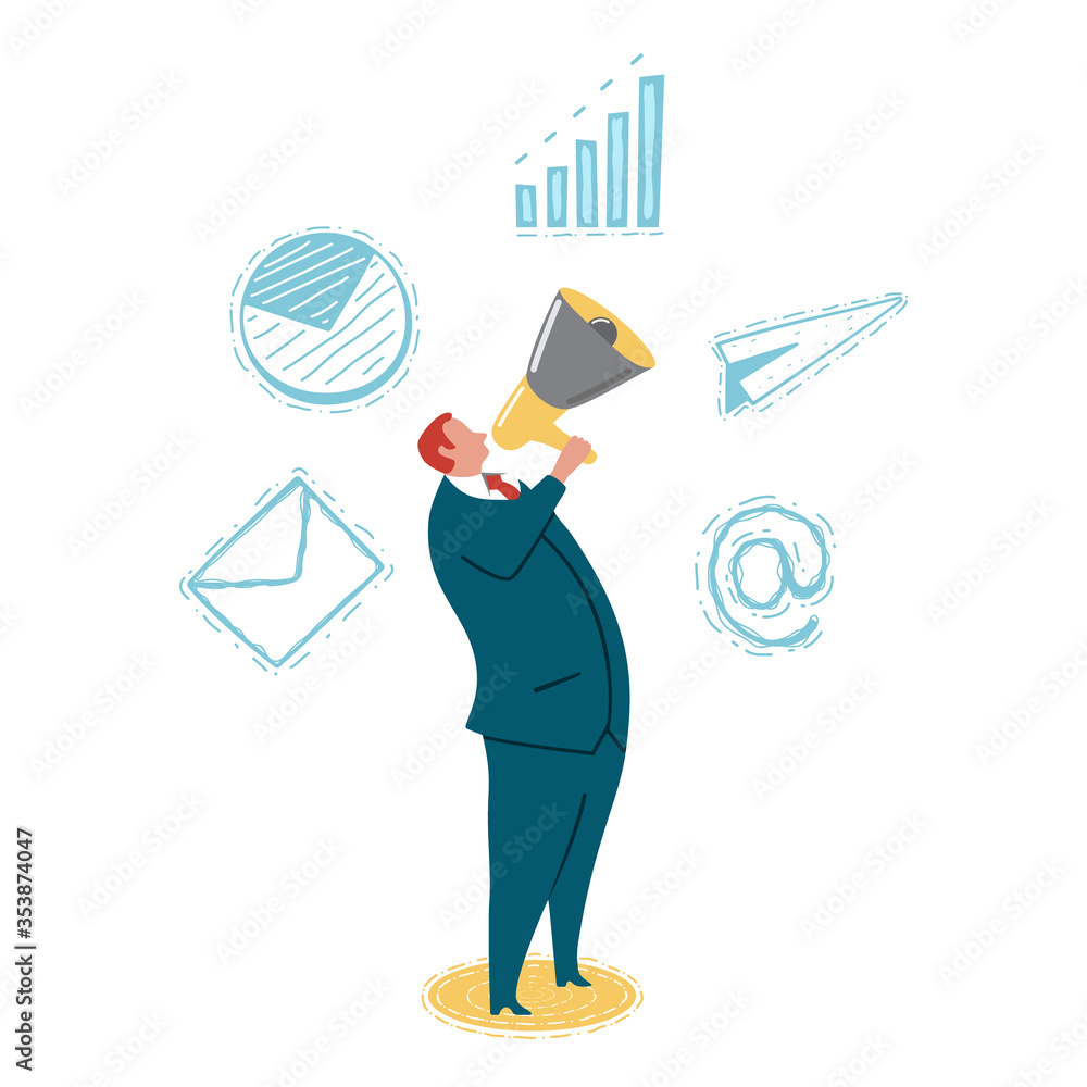 A man through a megaphone advertises a product A man through a megaphone advertises a product