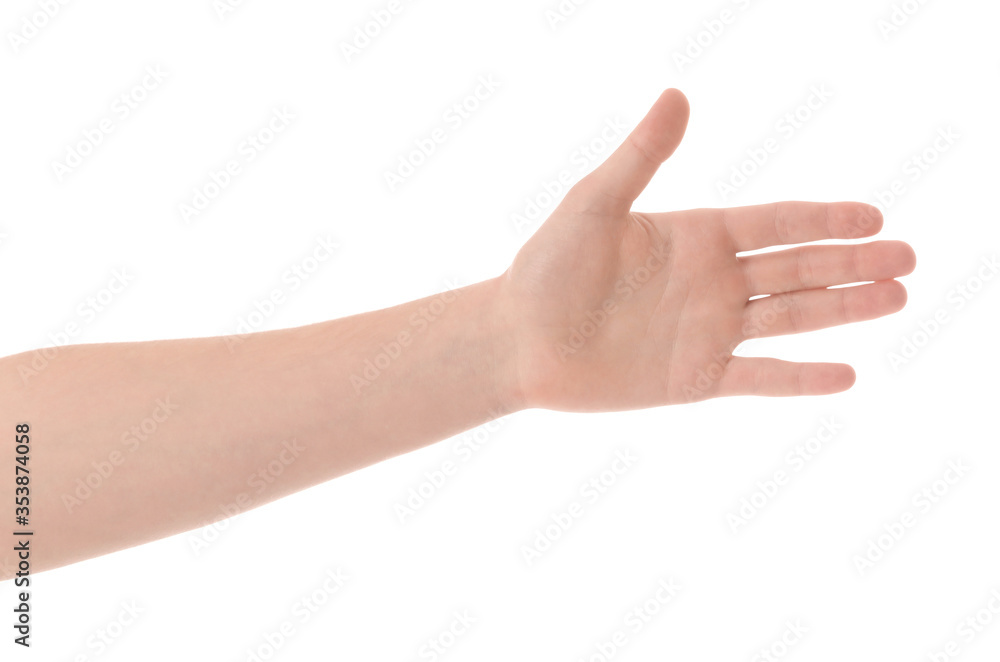 Teenage boy against white background, closeup on hand