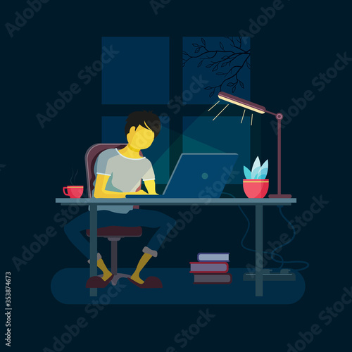 At the computer, the guy works at night, it is lit by a table lamp and a laptop. Vector illustration.