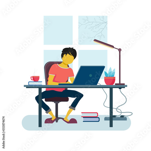 The guy is sitting at a table and working on a laptop. Vector illustration isolated on a white background.