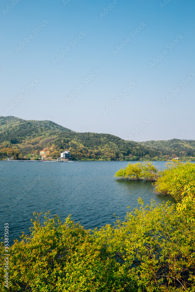 Geumgwang Lake with mountains in Anseong, Korea