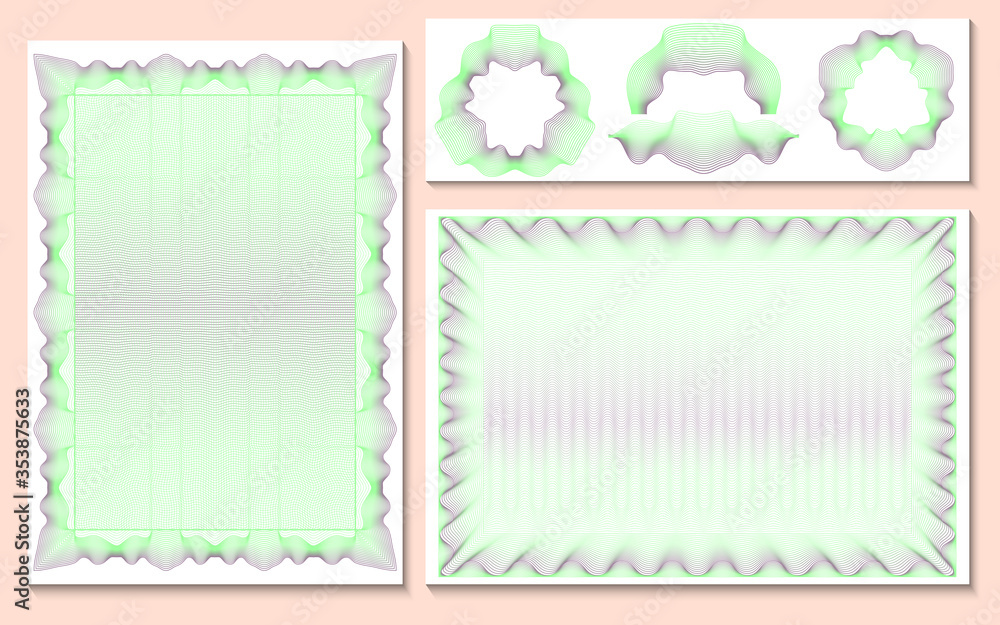 Set of Template for certificate, currency and diplomas additional design elements. Guilloche thin green lines.