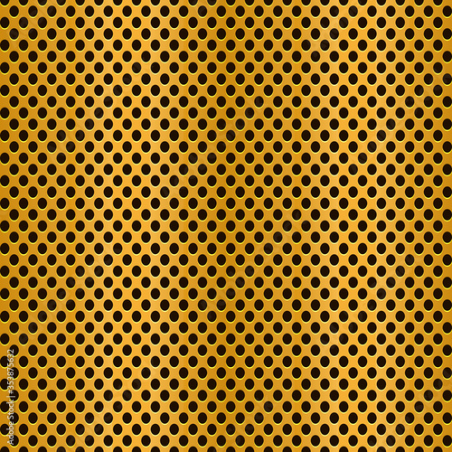 Seamless golden metallic texture with perforation. Shiny textured gold surface with holes.
