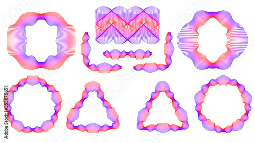 Set of Guilloche decorative elements isolated on white background. Blue and red mix.