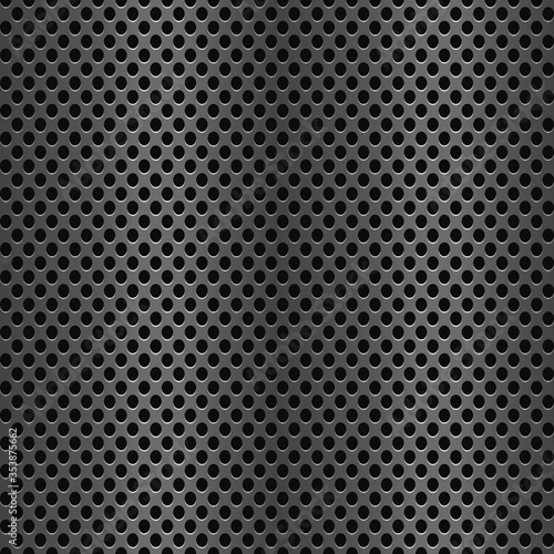 Seamless metal texture with perforation. Shiny textured steel surface with holes. Dark industrial background for backdrop.