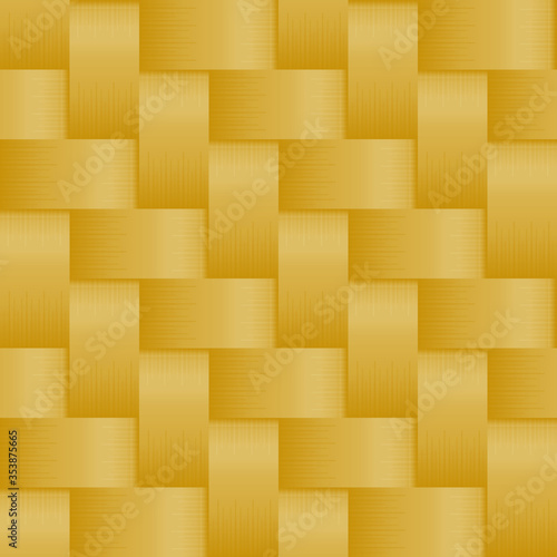Seamless pattern with weave gold stripes ornament. Background in macro style. Woven fiber for design. Intertwined straw strips.