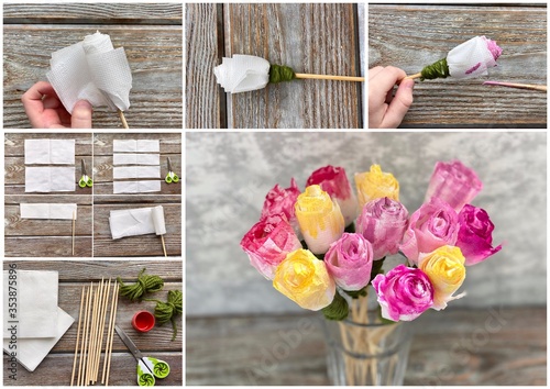 Φωτογραφία Process step-by-step how to make child craft rose from a paper napkin