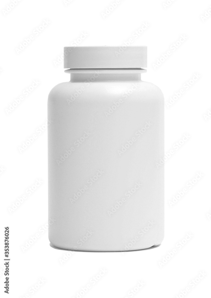 Photo of one plastic container for package pills and vitamins for people who lead healthy way of life – isolated on white background Photo of one plastic container for package pills and vitamins for people who lead healthy way of life – isolated on white background