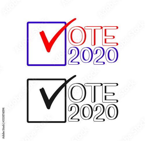 Vote 2020, vector icon election sign. American presidential election 2020. Vote word with check mark in checkbox. Red blue and monochrome, isolated on a white. Political election campaign logo