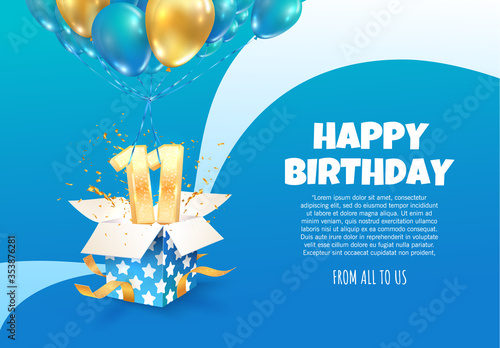 Celebrating of 11 th years birthday vector illustration. Eleven anniversary celebration. Open gift box with two numbers one flying on balloons